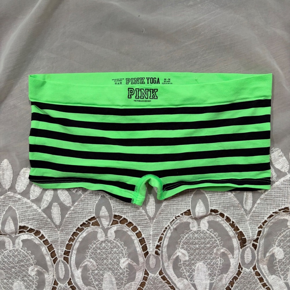 Scene Y2K Victorias Secret PINK Yoga Boy Short Panties Green Black Striped M